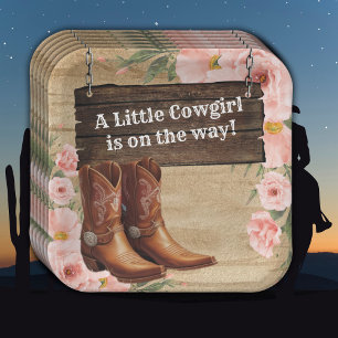 Floral Rustic Cowgirl Boots Baby Shower Paper Plate