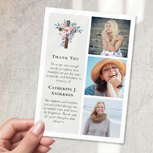 Floral Rustic Cross 3 Photo Sympathy Funeral Thank You Card