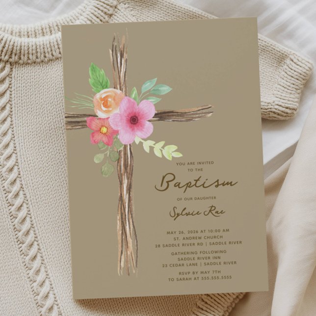 Floral Rustic Cross Baptism Invitation (Creator Uploaded)