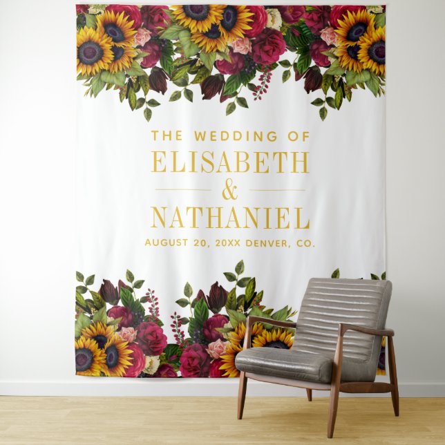Floral rustic elegant wedding photo booth backdrop tapestry (In Situ)