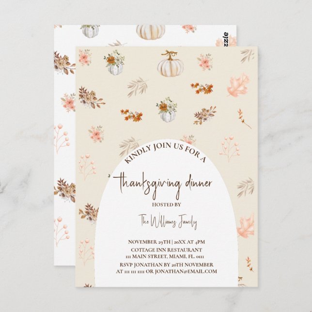 Floral Rustic Fall Pumpkin Thanksgiving dinner Postcard (Front/Back)