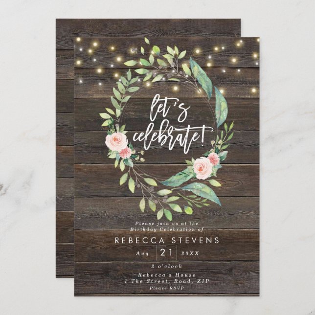 floral rustic lights let's celebrate birthday invitation (Front/Back)