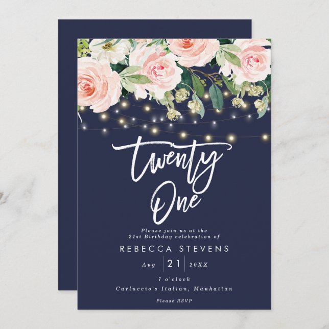 floral rustic lights navy 21st birthday invitation (Front/Back)