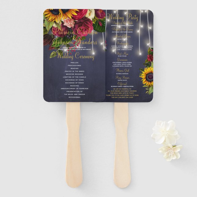 Floral rustic navy white lights wedding ceremony hand fan (Front and Back)