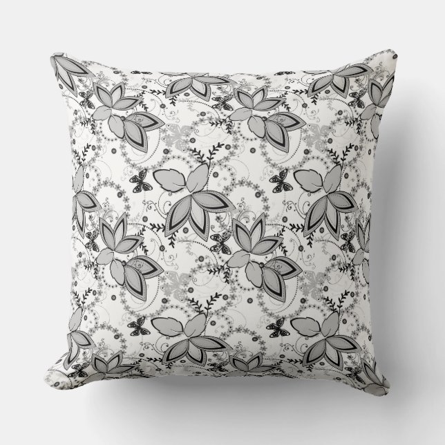 Floral rustic pattern retro black and white  cushion (Front)