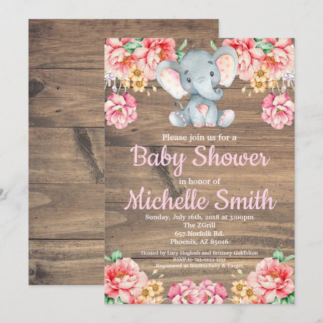 Floral Rustic Pink Girl Wood Elephant Baby Shower Invitation (Front/Back)