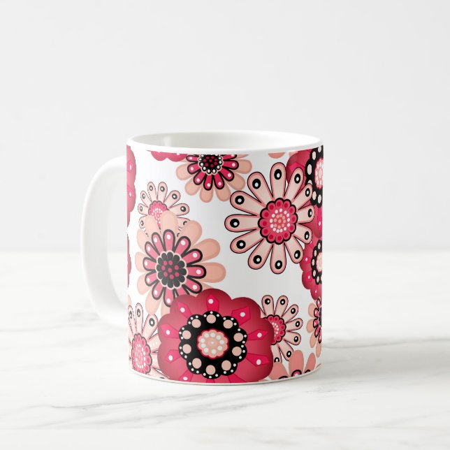 Floral rustic retro red and white coffee mug (Front Left)