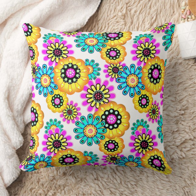 Floral rustic retro yellow and turquoise cushion (Blanket)