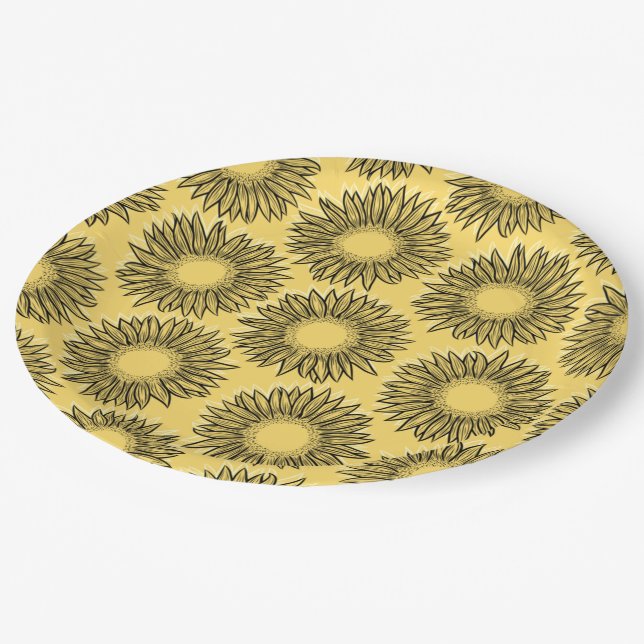 Floral Rustic Sunflower Hand Drawn Paper Plate (Angled)