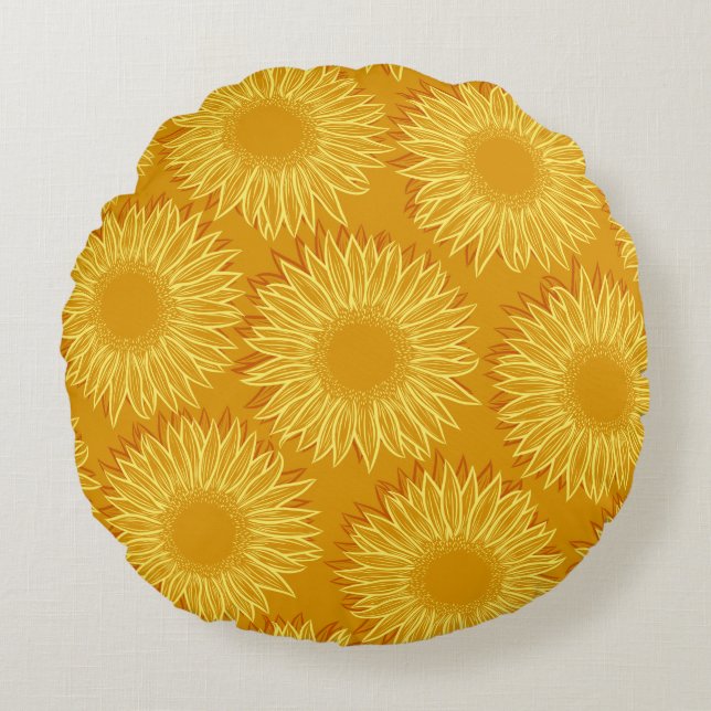 Floral Rustic Sunflower Light Hand Drawn Round Cushion (Front)