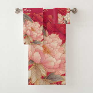 Floral rustic vintage elegant red bath towel set