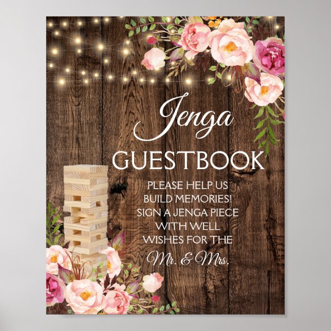 Floral Rustic Wedding Jenga Guest Book Sign (Front)