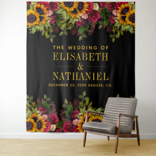 Floral rustic wedding photo booth black backdrop tapestry