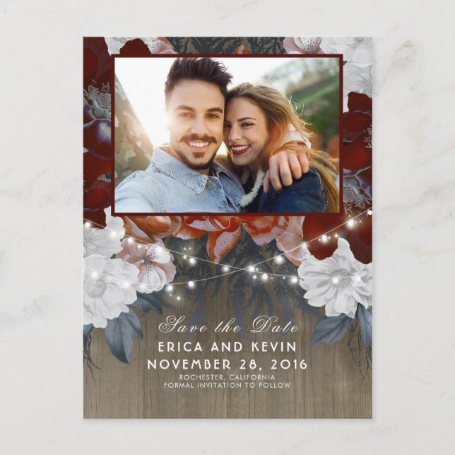 Floral Rustic Wood and Lights Photo Save the Date Announcement Postcard (Front)