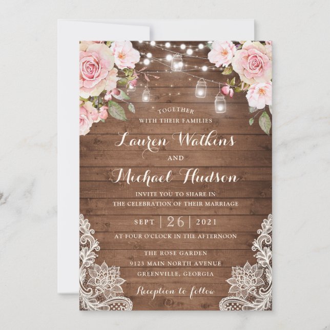 Floral Rustic Wood Blush Roses String Lights Invitation (Front)