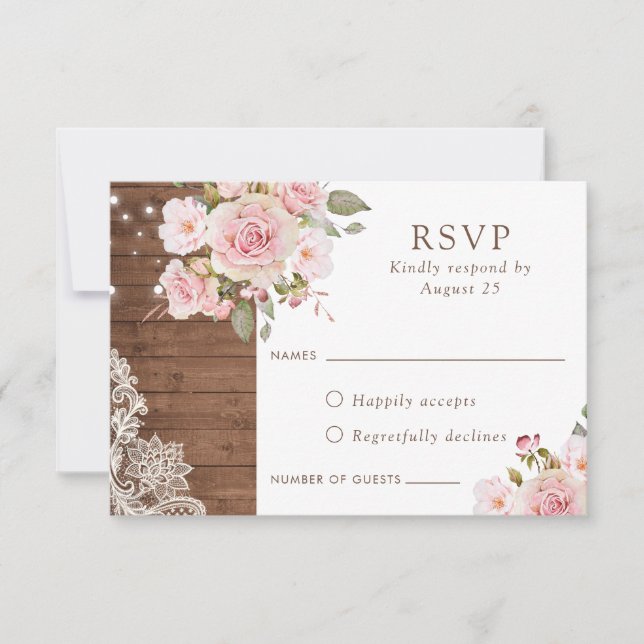 Floral Rustic Wood Blush Roses String Lights RSVP Invitation (Front)