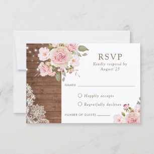 Floral Rustic Wood Blush Roses String Lights RSVP Invitation