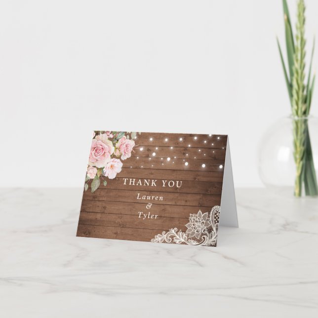 Floral Rustic Wood Blush Roses String Lights Thank You Card (Front)