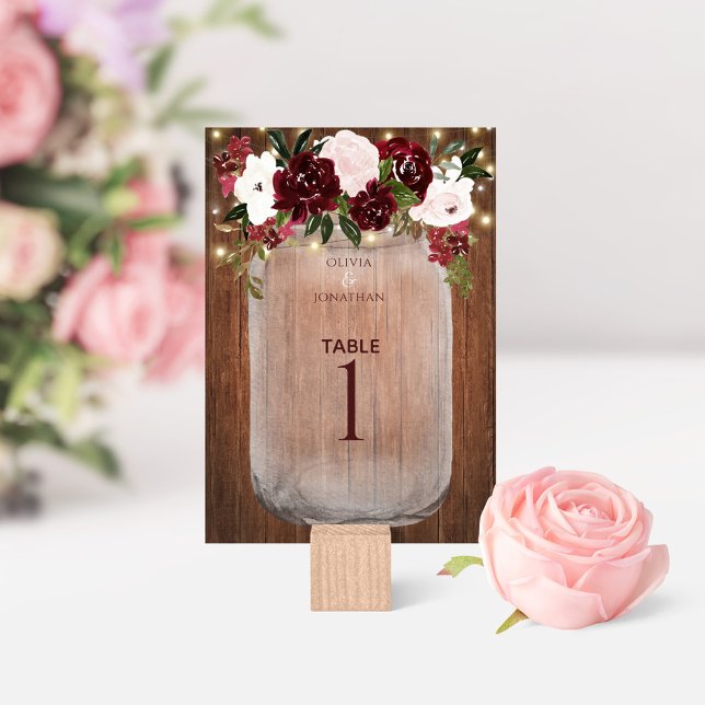 Floral Rustic Wood Burgundy Mason Jar Wedding Table Number (Creator Uploaded)