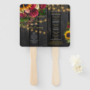 Floral rustic wood gold lights wedding ceremony hand fan