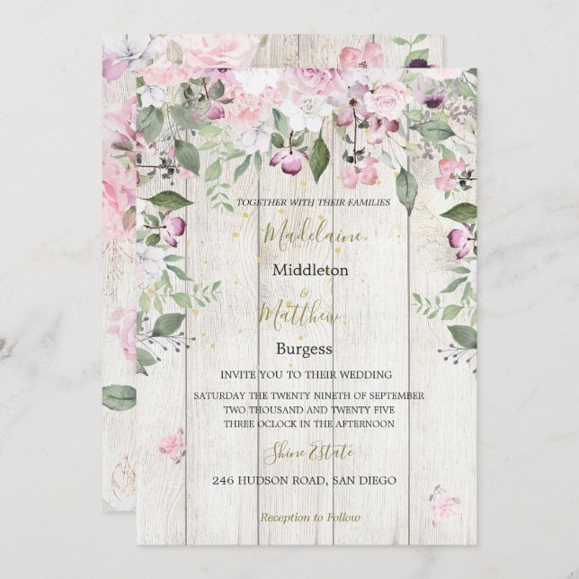  Floral Rustic Wood Gold Pink Wedding Invitation (Front/Back)