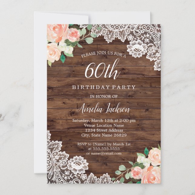 Floral Rustic Wood Lace 60th Birthday Invitation (Front)