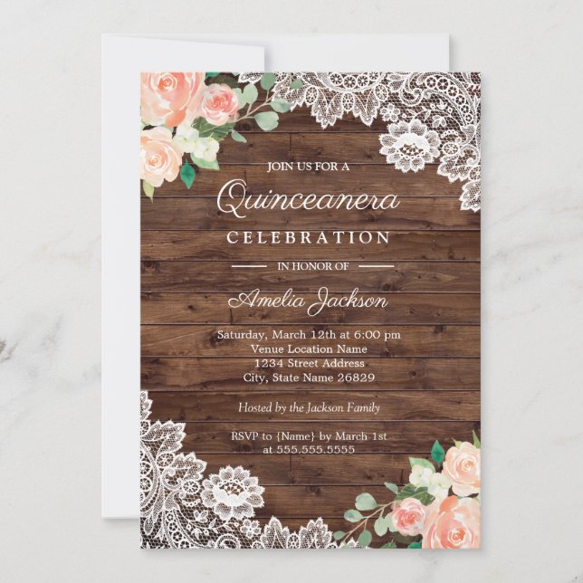 Floral Rustic Wood Lace Quinceanera Invitation (Front)