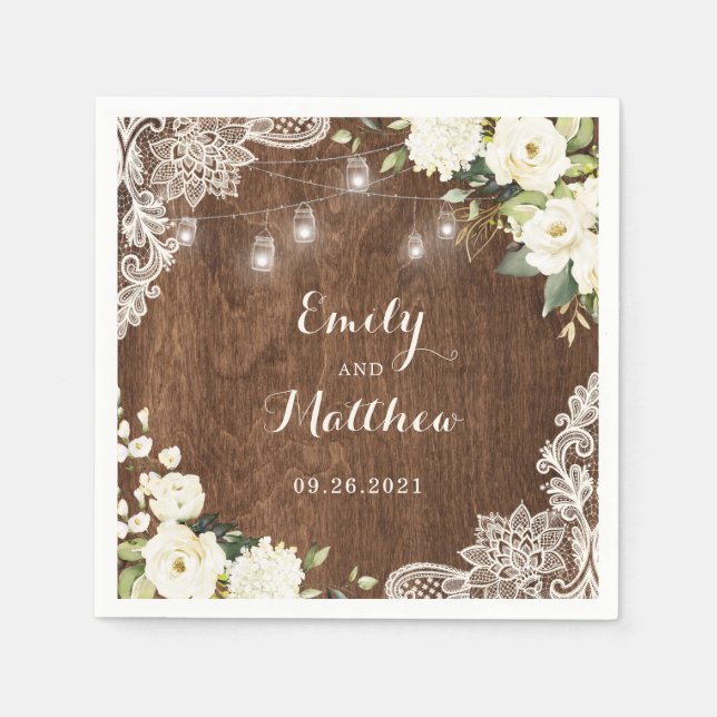 Floral Rustic Wood Lace String Lights Mason Jars Napkin (Front)