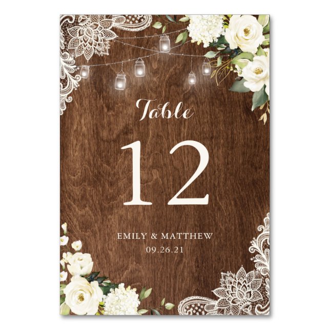 Floral Rustic Wood Lace String Lights Mason Jars Table Number (Front)