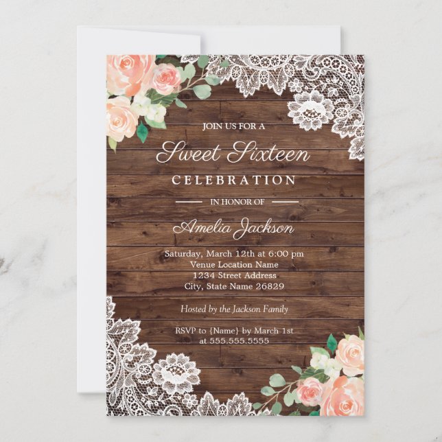 Floral Rustic Wood Lace Sweet Sixteen Invitation (Front)