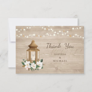 Floral Rustic Wood Lantern Magnolia String Lights Thank You Card