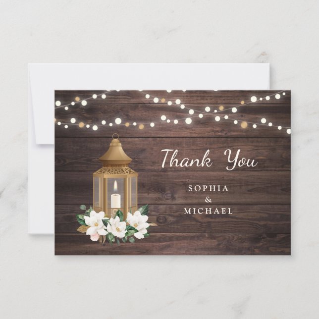 Floral Rustic Wood Lantern Magnolia String Lights Thank You Card (Front)