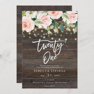 floral rustic wood lights 21st birthday invitation