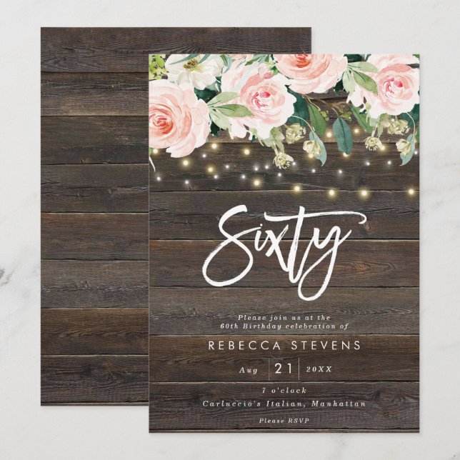floral rustic wood lights 60th birthday invitation (Front/Back)