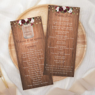 Floral Rustic Wood Mason Jar Burgundy Wedding Programme