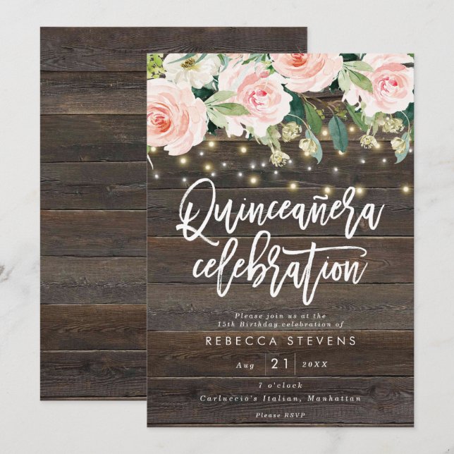 floral rustic wood quinceanera 15th birthday invitation (Front/Back)