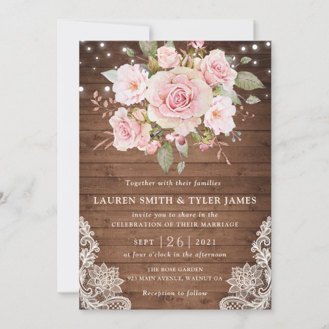 Floral Rustic Wood Roses String Light Lace Wedding Invitation (Front)