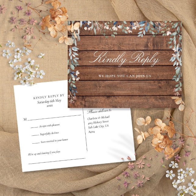 Floral Rustic Wood Song Request RSVP Postcard (Floral Rustic Wood Song Request RSVP Postcard)