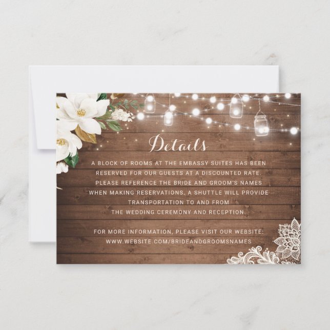 Floral Rustic Wood String Lights Details Insert Invitation (Front)