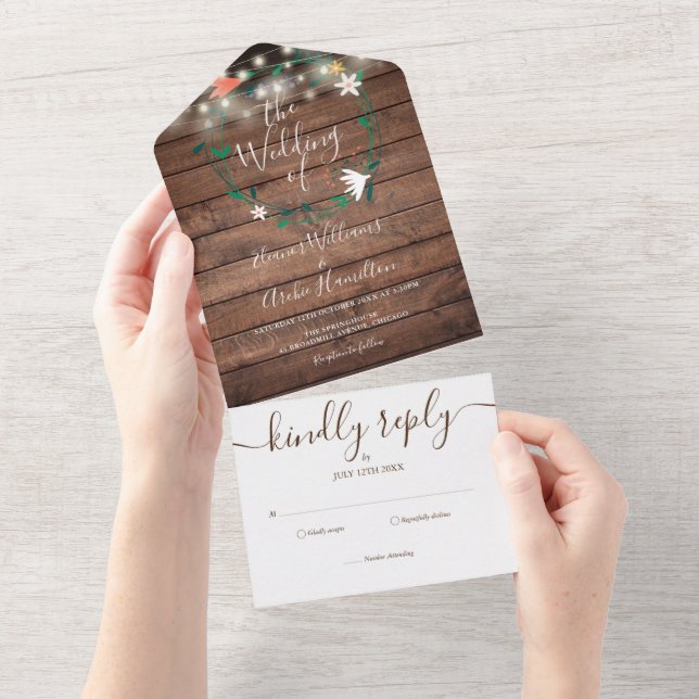 Floral Rustic Wood String Lights Monogram Wedding All In One Invitation (Tearaway)