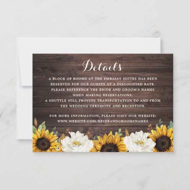 Floral Rustic Wood Sunflower Greenery Barn Details Invitation (Front)