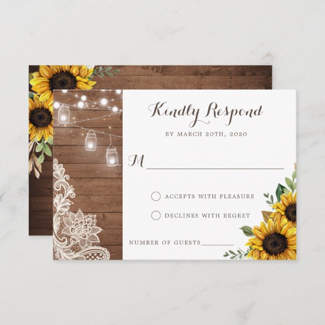 Floral Rustic Wood Sunflower String Lights RSVP Invitation (Front/Back)