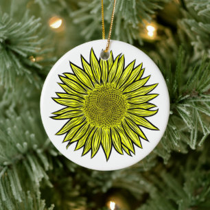 Floral Rustic Yellow Sunflower Hand Drawn Ceramic Tree Decoration