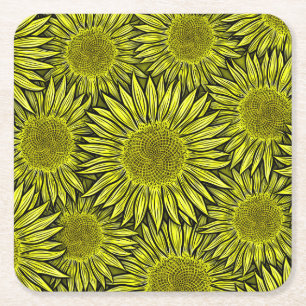 Floral Rustic Yellow Sunflower Hand Drawn Square Paper Coaster