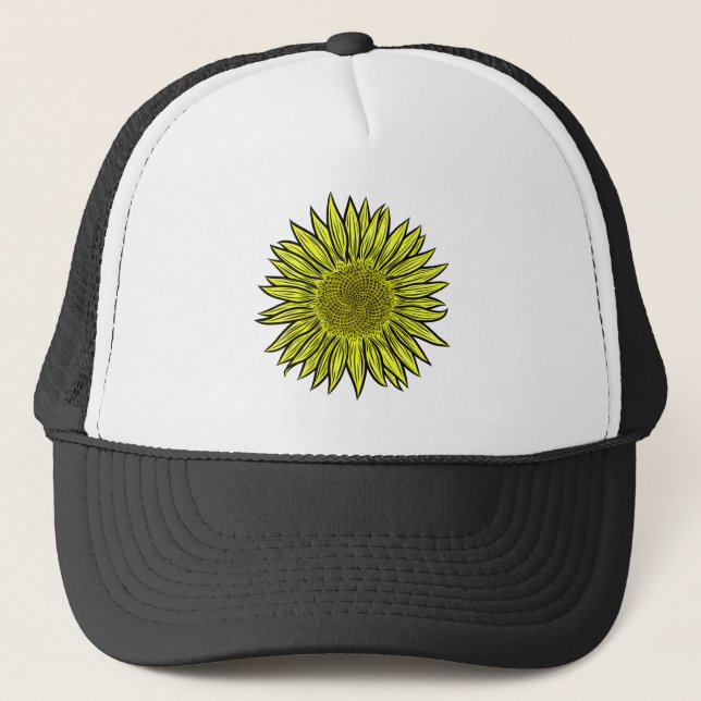 Floral Rustic Yellow Sunflower Hand Drawn Trucker Hat (Front)