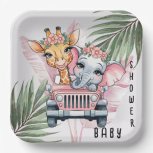 Floral Safari Adventure Pink Girl Baby Shower Paper Plate