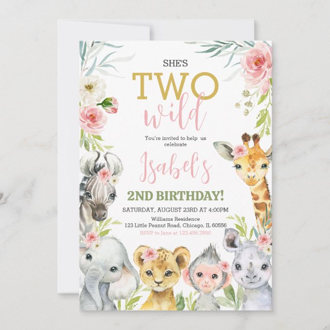 Floral Safari Animals Birthday Party Invitation (Front)