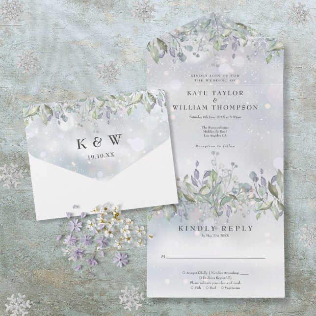 Floral Sage And Lilac Monogram Winter Wedding All In One Invitation (Floral Sage And Lilac Monogram Winter Wedding All In One Invitation)