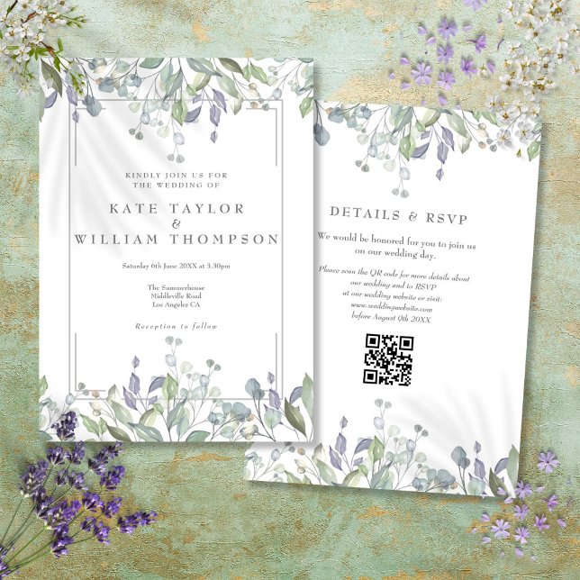 Floral Sage And Lilac QR Code Wedding Invitation (Floral Sage And Lilac QR Code Wedding Invitation)