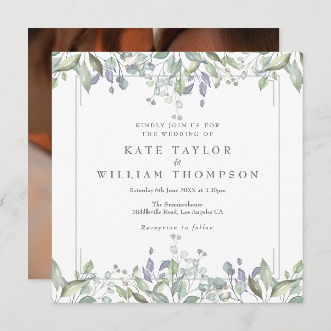 Floral Sage And Lilac Square Photo Wedding Invitation (Front/Back)